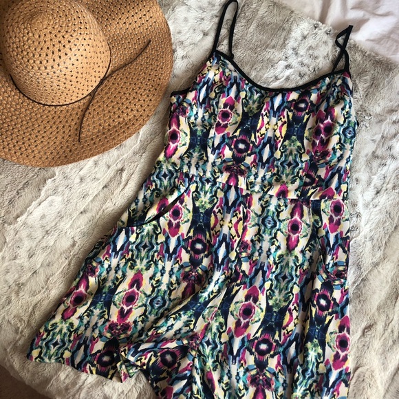 MULTI COLORED SHIRRED PATTERNED CAMI ROMPER - Picture 2 of 4